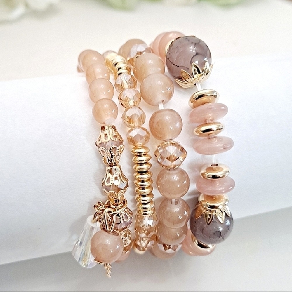 Rosegold Gold Beaded Stack Boho Bracelet 4pc Set Stretch Elastic Charms 💖